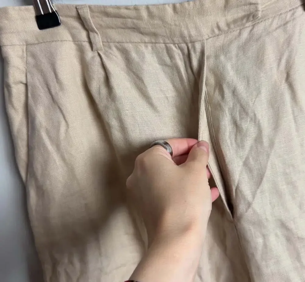 Zara Wide Leg Trousers Beige 100% Linen Size Large 3618/710 Women’s
